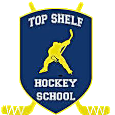 "Top Shelf Hockey School logo featuring a shield design with two hockey sticks and a hockey player in action, taking a shot. Click to discover more about Top Shelf Hockey School."