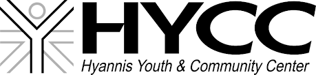 "HYCC logo featuring bold 'HYCC' lettering with a unique design, evoking a sense of motion or activity. Click to visit the official website of Hyannis Youth and Community Center."